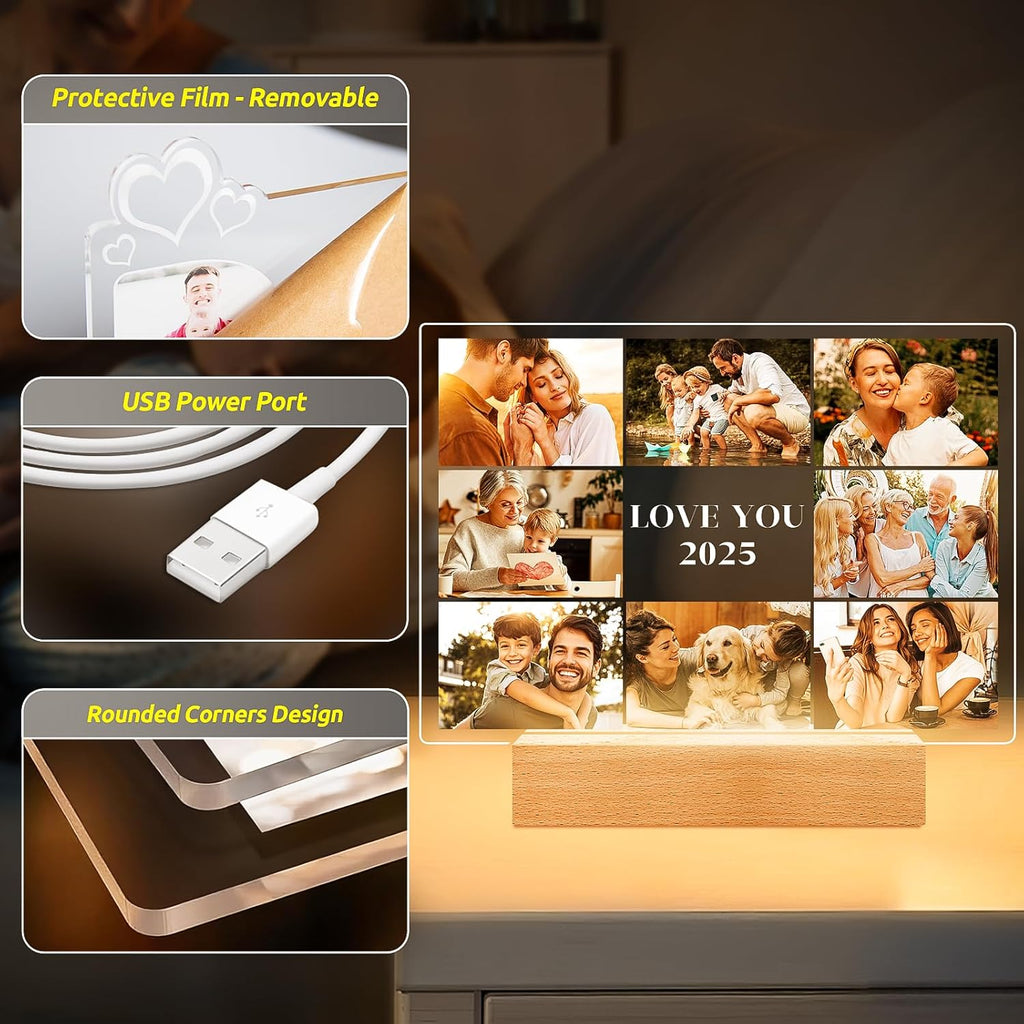 Custom Picture Frames with Photo, Customized Photo Frame with Night Light, Personalized Picture Frame, Personalized Christmas Birthday Gifts for Women Men Her Him Mom Dad Kids Baby Family Friends