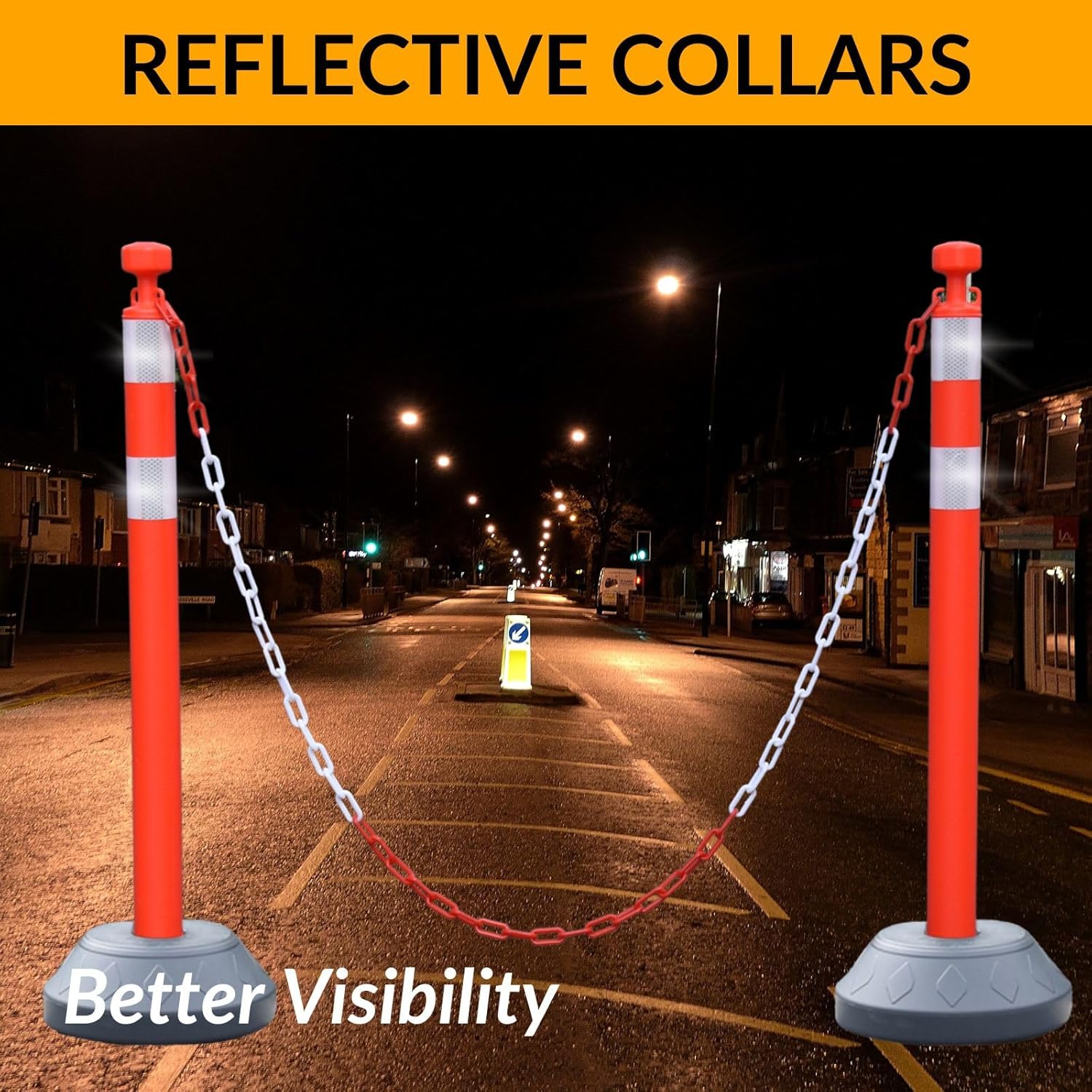 6 Pack 40 Inch Traffic Delineator Posts with Fillable Base and 6.6FT Plastic Chain, Safety Delineator Post Cones with 2 White Reflective Stripes for Construction Work (Red)