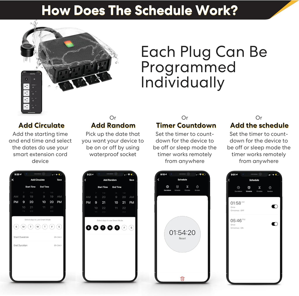 Smart Heavy Duty Outdoor Power Strip WiFi Plug Water-Resistant Socket, Electrical Power Extension Cord, Outlet Switch and Timer Works Remotely with Alexa, G Assistant (4 Sockets) Black