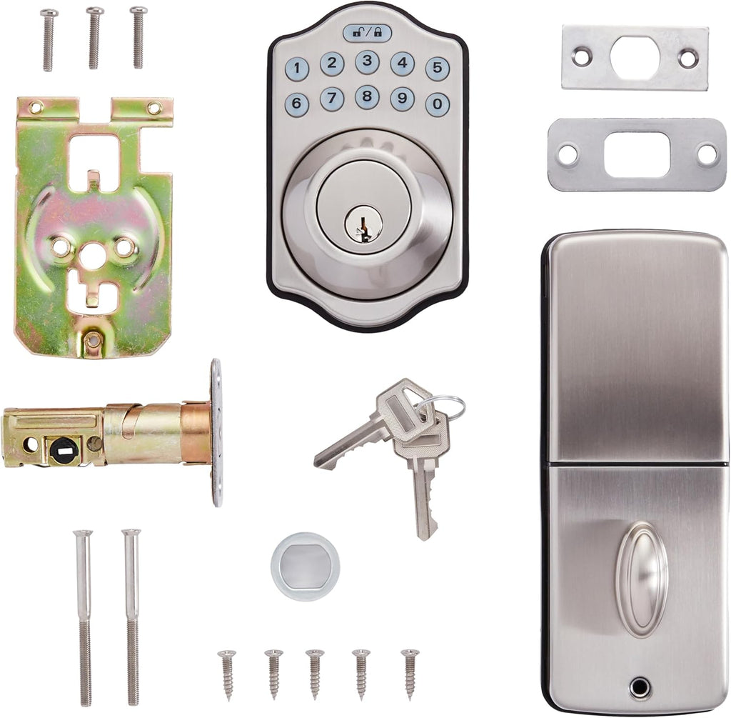 Amazon Basics Traditional Electronic Keyless Keypad Deadbolt Door Lock, keyless Entry Door Lock, Keyed Entry Option, 1-Pack, Satin Nickel
