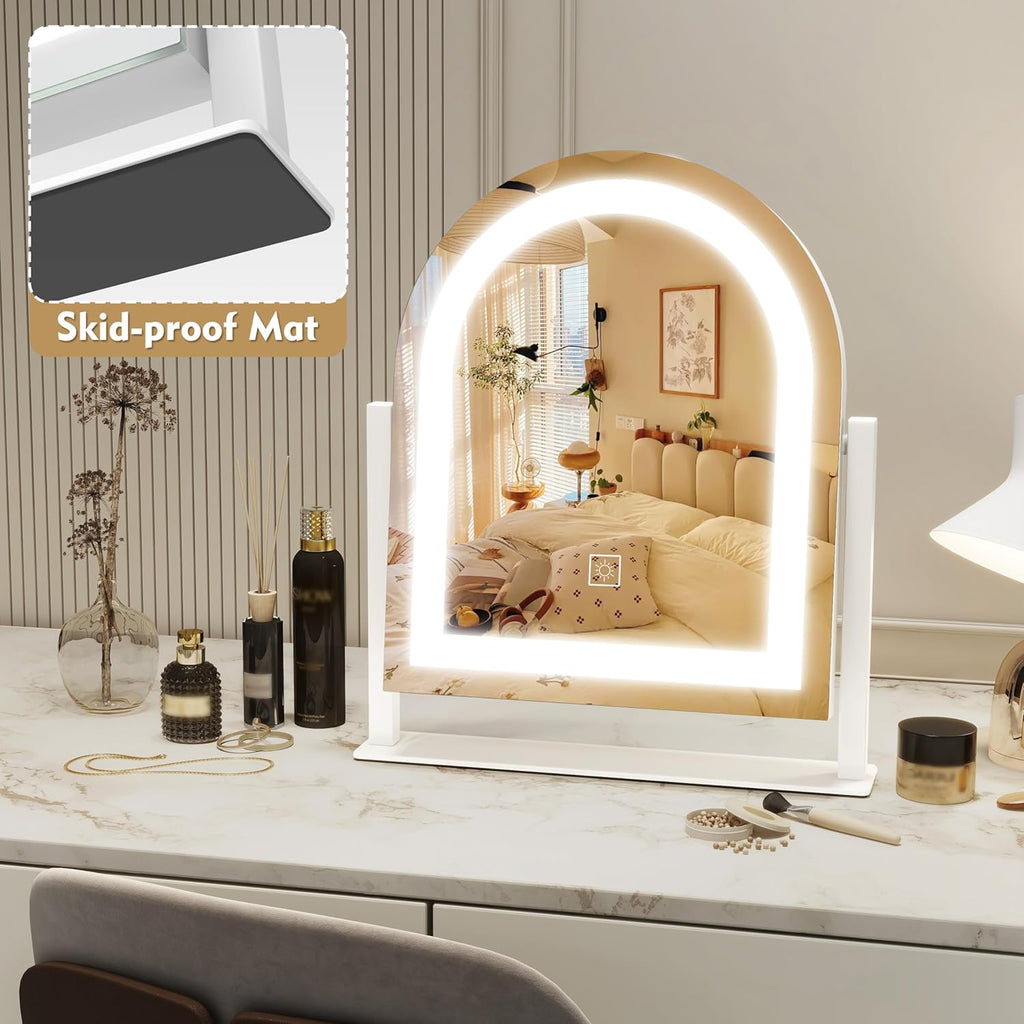 ROLOVE Lighted Makeup Mirror with 3-Color Dimmable Lighting, with Removable 10x Magnifier, Smart Touch Control, 360° Rotation, 15" x 13" Hollywood Vanity Mirror for Tabletop or Desk (White)