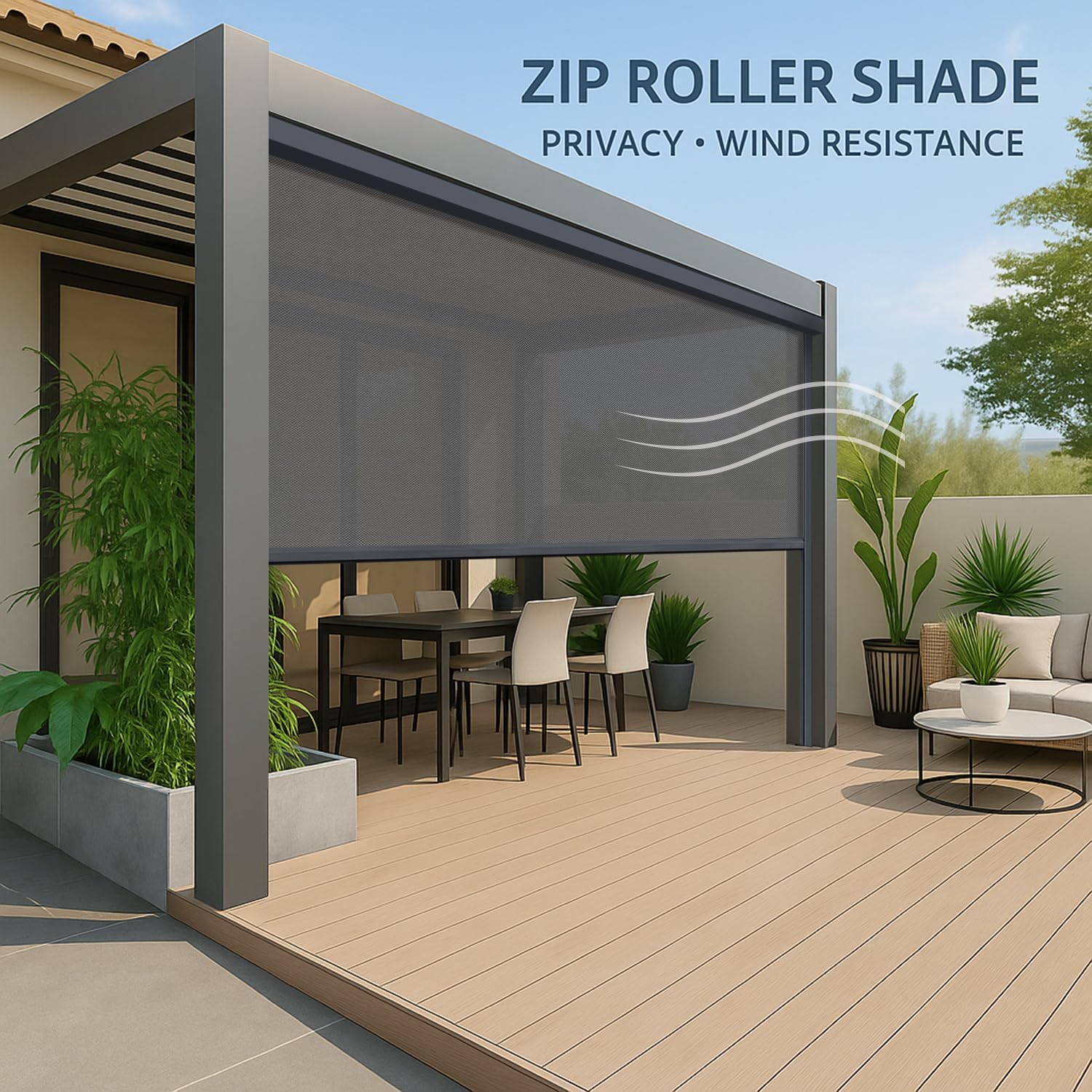 ZSHINE Hard-Wired Outdoor Weatherproof Motorized Patio Roller Shades Remote Control for Porch Balcony Customized Size (White Grey 5% Openness)