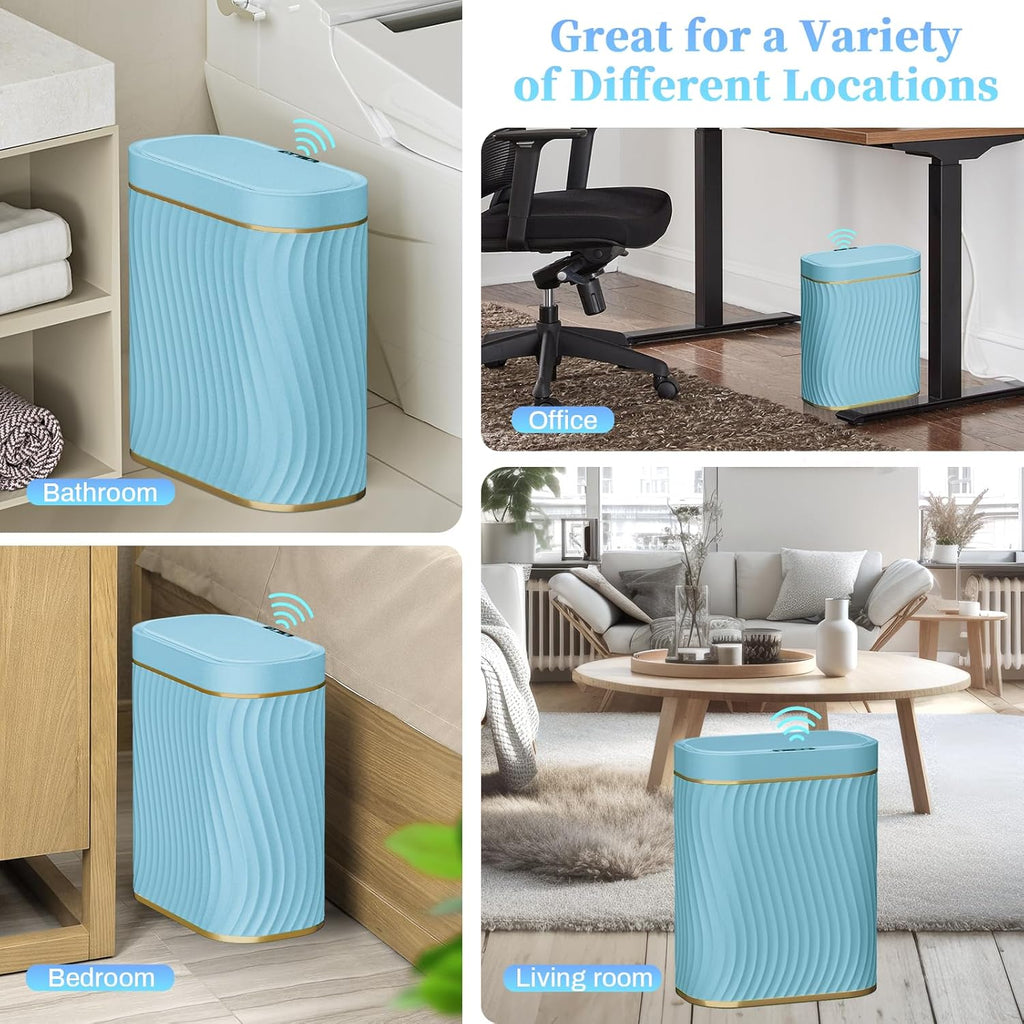 steo spce Bathroom Small Trash Can with Automatic Touchless Lid, 2.6 Gallon Smart Garbage Can Narrow Waterproof Trash Bin for Bedroom, Office, Living Room (Gold Blue)