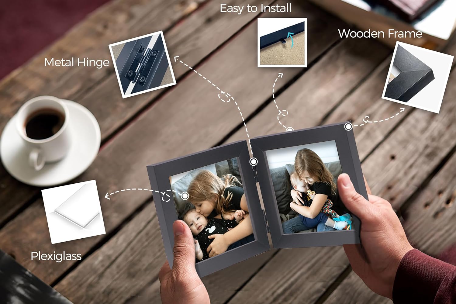 Double 4x4 Square Combo, Black Wood Picture Frame, 3.5x3.5 Opening Foldable Photo Frame on Table-top or Wall