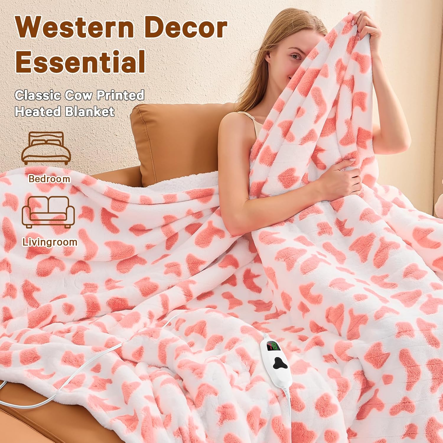 Cow Print Heated Electric Blanket Twin,62X84 Pink Heating Blanket with 10 Heats Levels & 8 Hours Auto Off,Cute Cow Decor Fleece Sherpa Blankets Warmer Gifts for Women Couch Office,Washable
