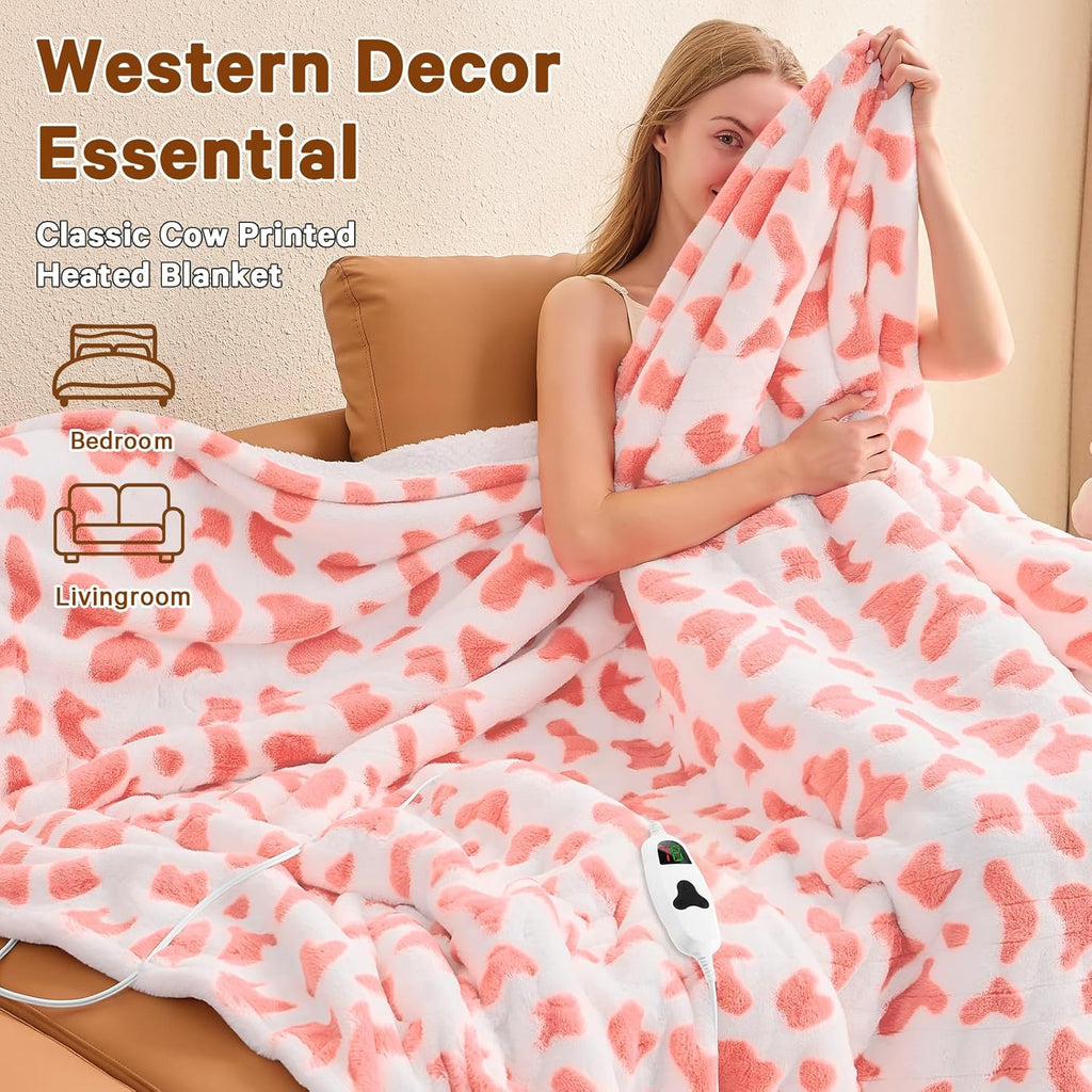 Cow Print Electric Heated Blanket Queen Size,84X90 Pink Heating Blanket Queen with Dual Control&Timer&10 Heat Levels,Cute Cow Decor Sherpa Blankets Warmer Gifts for Bed Women Adults