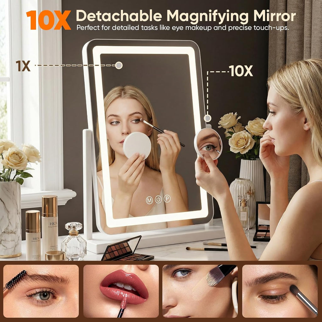 Antok Vanity Mirror with Lights, 13"X18" Lighted Makeup Mirror, Smart Touch, 3 Color Modes and Brightness Adjustable, LED Vanity Mirror with Detachable 10X Magnification, 360° Rotation for Makeup Desk