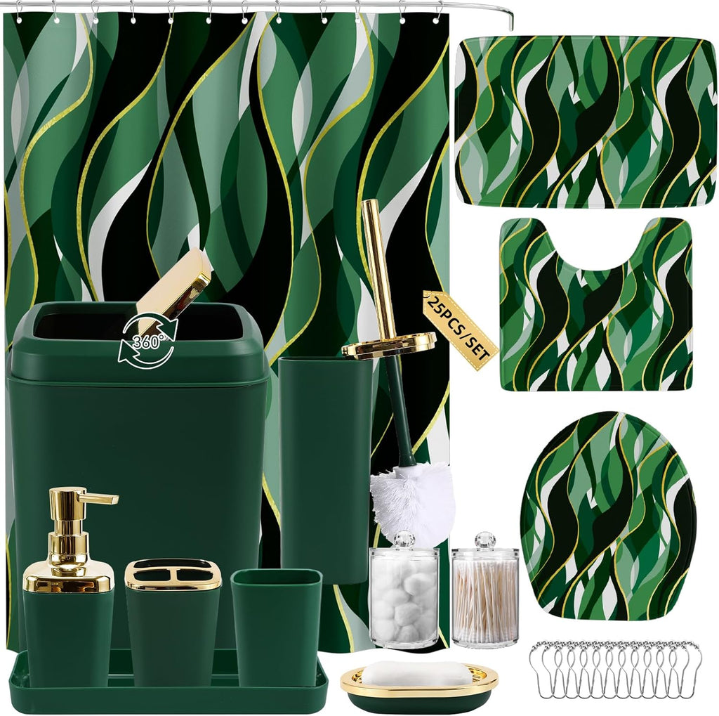 Bathroom Set - Green and Gold Bathroom Accessories, Bathroom Sets with Shower Curtain and Rugs, Green Shower Curtain Set with Bathroom Trash Can, Soap Dispenser, Soap Dish for Home Decor