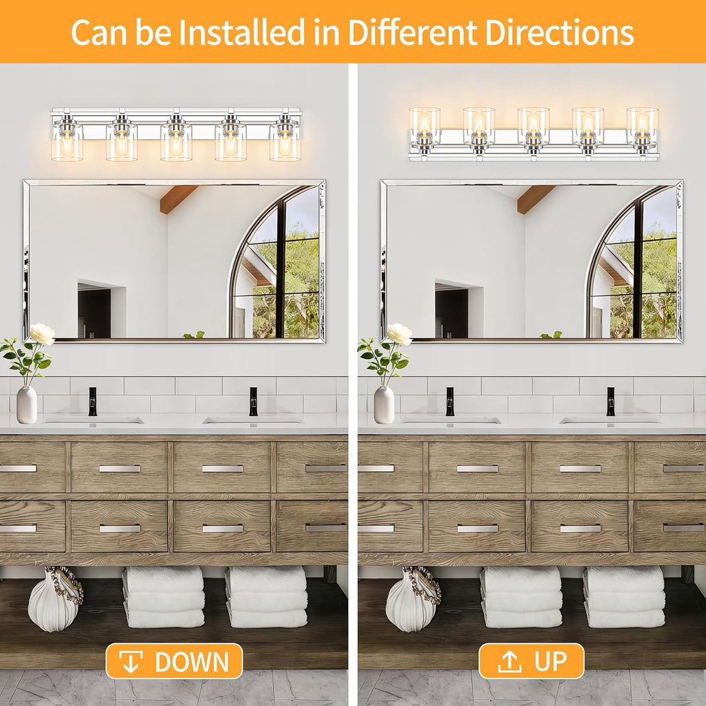 5 Light Modern Bathroom Light Fixtures Over Mirror, Chrome Vanity Lights for Bathroom Wall Sconces with Clear Glass Shades, E26 Socket (Bulbs Not Included)