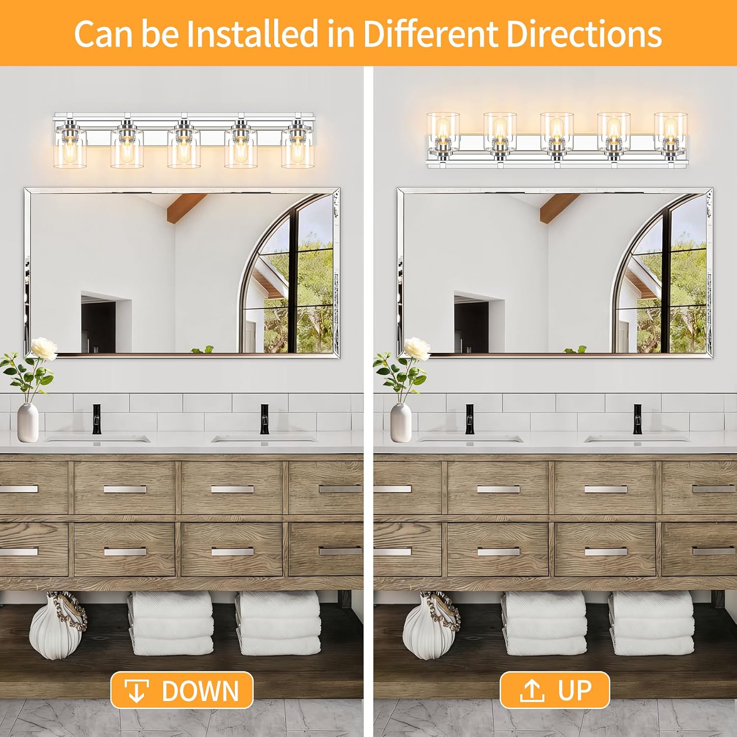 5 Light Modern Bathroom Light Fixtures Over Mirror, Chrome Vanity Lights for Bathroom Wall Sconces with Clear Glass Shades, E26 Socket (Bulbs Not Included)