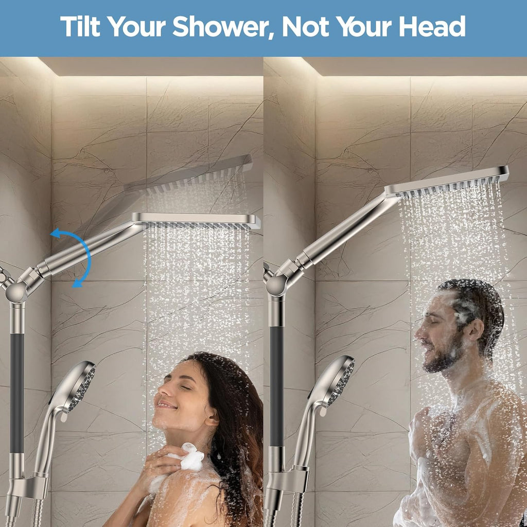 Dual Handheld Shower Head Combo, 2-in-1 Rain Shower Heads System Wide Rainfall Shower Head and 10 Modes High Pressure Hand Held Showerhead with Built-in Power Wash - Brushed Nickel