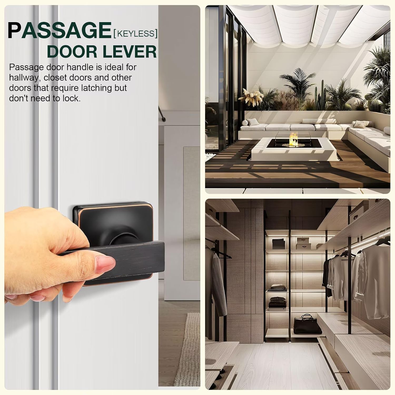 GOBEKOR 3 Pack Oil Rubbed Bronze Door Handle Passage Door Handles with Lock Bronze Keyless Passage Door Levers Interior Lever Door Handle for Closets Square Door Knobs