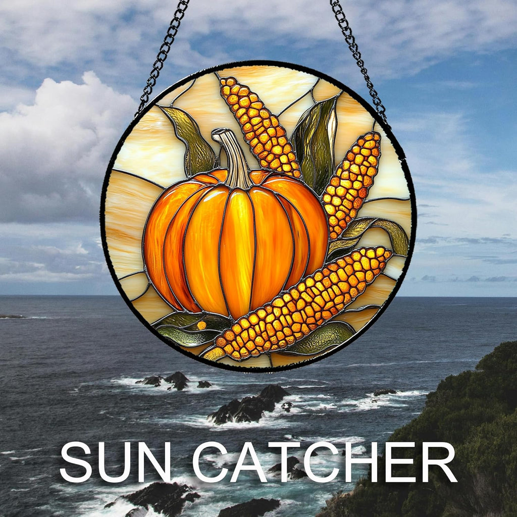 Stained Glass Window Hanging Autumn Harvest Pumpkin Corn Large 11.8" - Suncatcher Door Garden Kitchen Sunroom Sun Catcher Fall Home Decor Birthday for Mom Grandma Men Woman