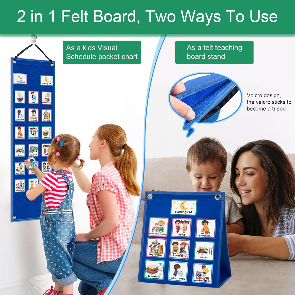 KIKIGOAL Kids Visual Schedule Calendar Chart, 2 in 1 Autism Daily Chore Routine Chart with 70 Cards Autism Learning Materials Kids Visual Behavioral Tool Wall Planner for Home School (Blue)