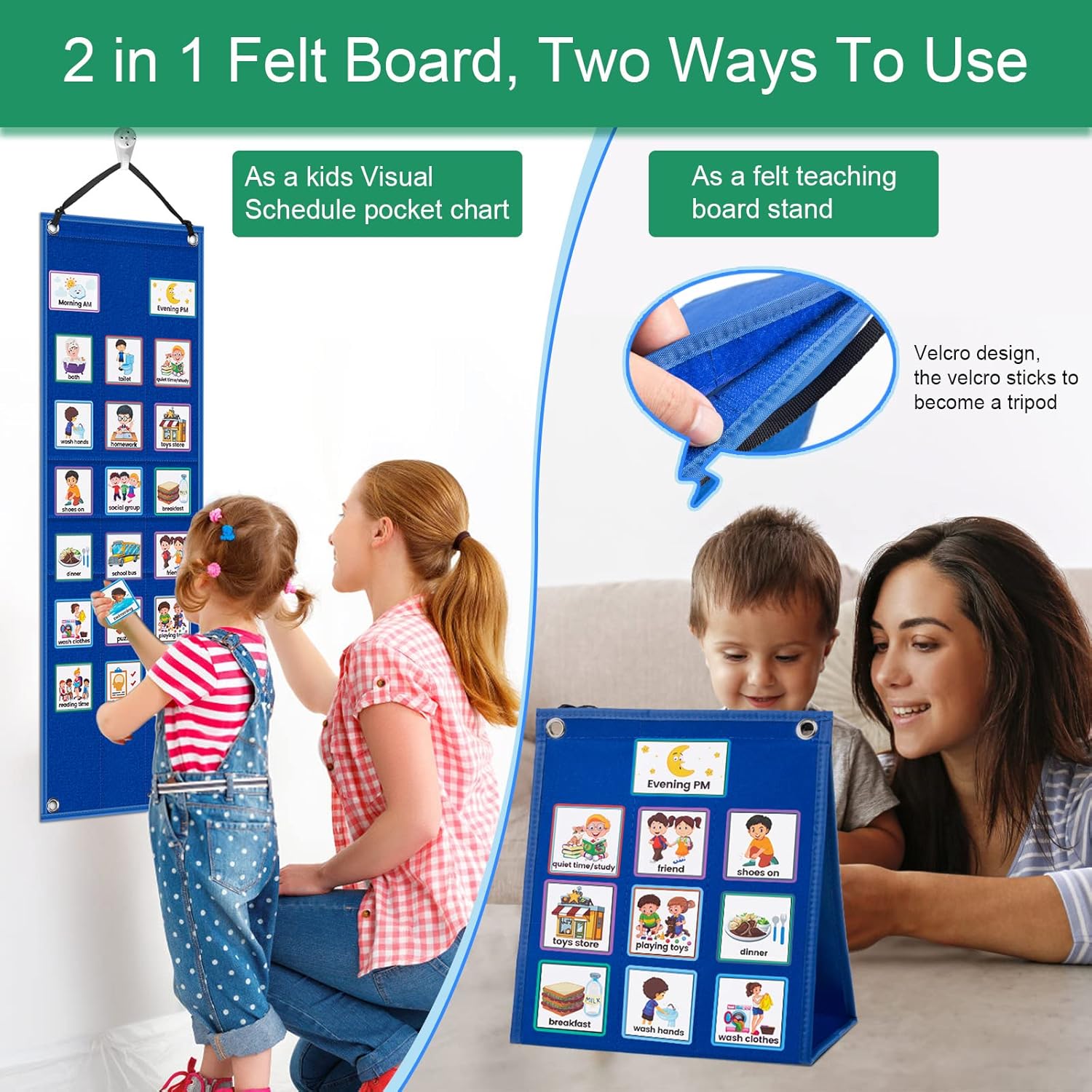 KIKIGOAL Kids Visual Schedule Calendar Chart, 2 in 1 Autism Daily Chore Routine Chart with 70 Cards Autism Learning Materials Kids Visual Behavioral Tool Wall Planner for Home School (Blue)