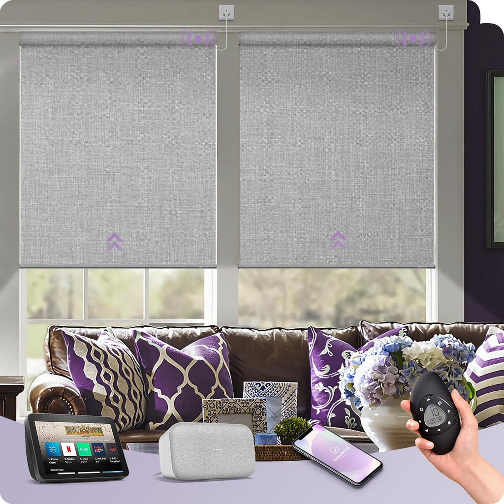 Graywind Smart Blackout Roller Shades Compatible with Alexa Google WiFi Hardwired Triple Weaved Fabric Motorized Blinds Remote Window Shades, Custom Size (Cloudy Grey)