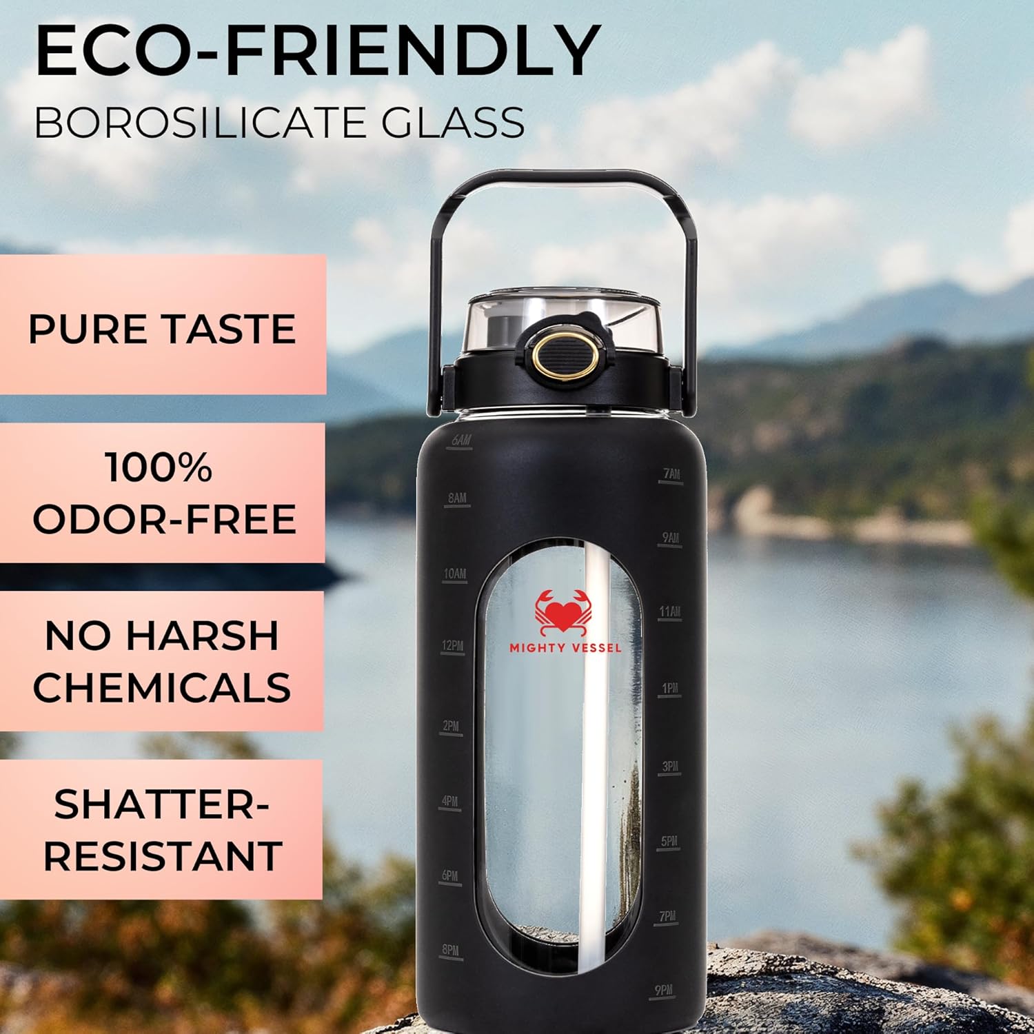 64 oz Glass Water Bottle – Black | Large Leakproof Shatter-Resistant Borosilicate Bottle with Straw, Silicone Sleeve, Time Marker – Half Gallon for Travel, Gym, Daily Intake
