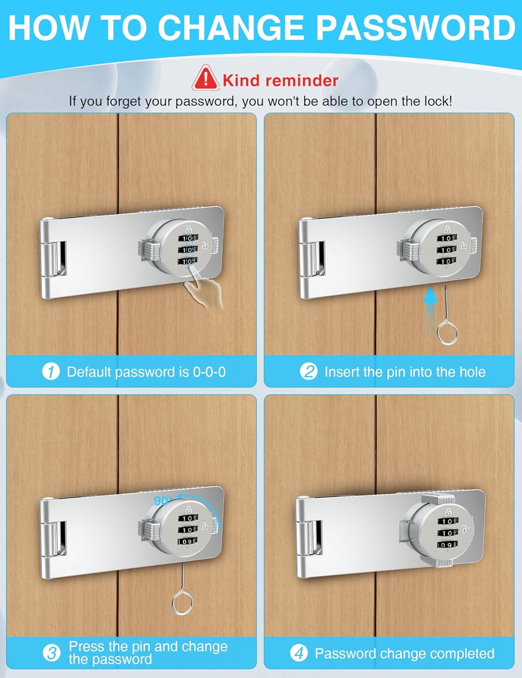 Keyless Cabinet Combination Lock 3-Digit Password Twist Knob Hasp Latch Durable Zinc Alloy Keyless Lock for Doors, Cabinets,Drawers, Closets & Fences (2 Pack, Silver)