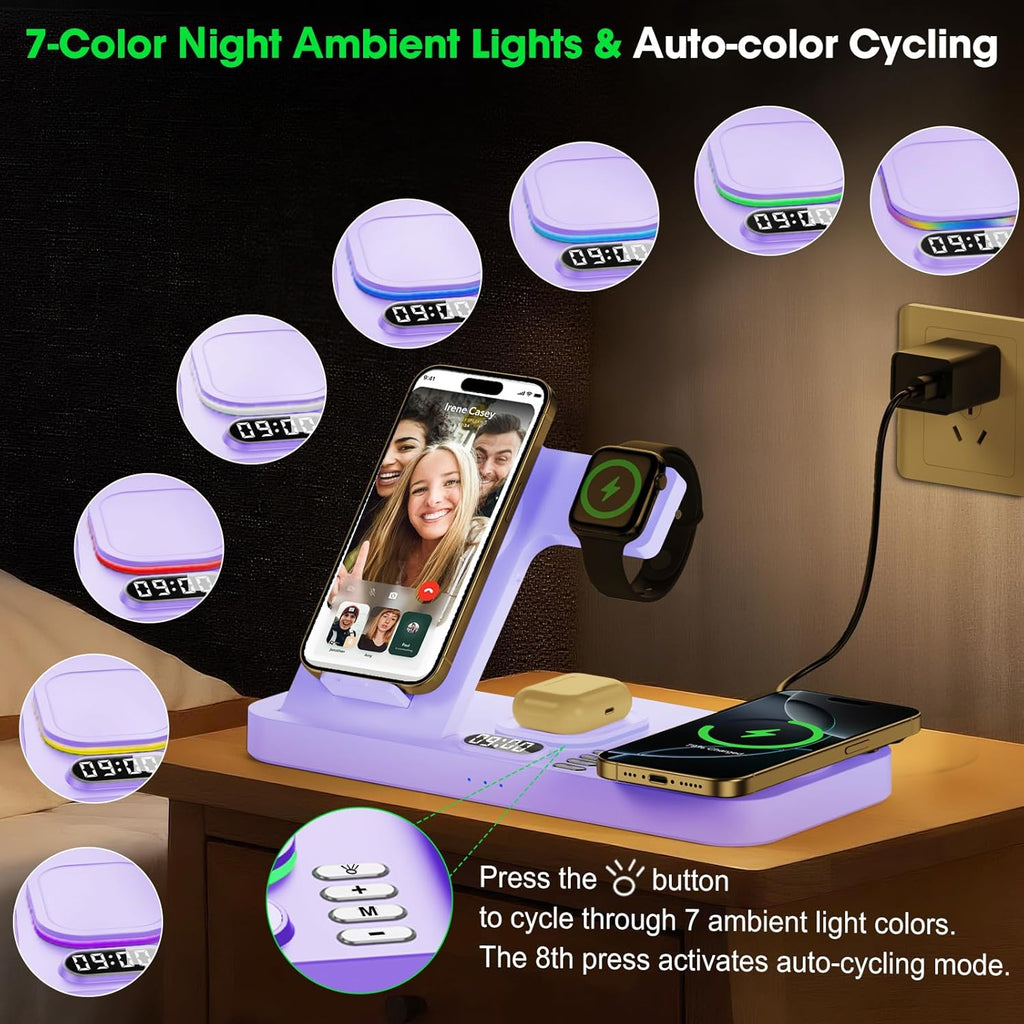 Dual Phone Wireless Charging Station for Apple Devices, Magnetic Charging Station for iPhone with Auto Switch 7-Color Light&Clock,Family Watch Charger for iPhone17 for iWatch11 for AirPods Pro3(Purple