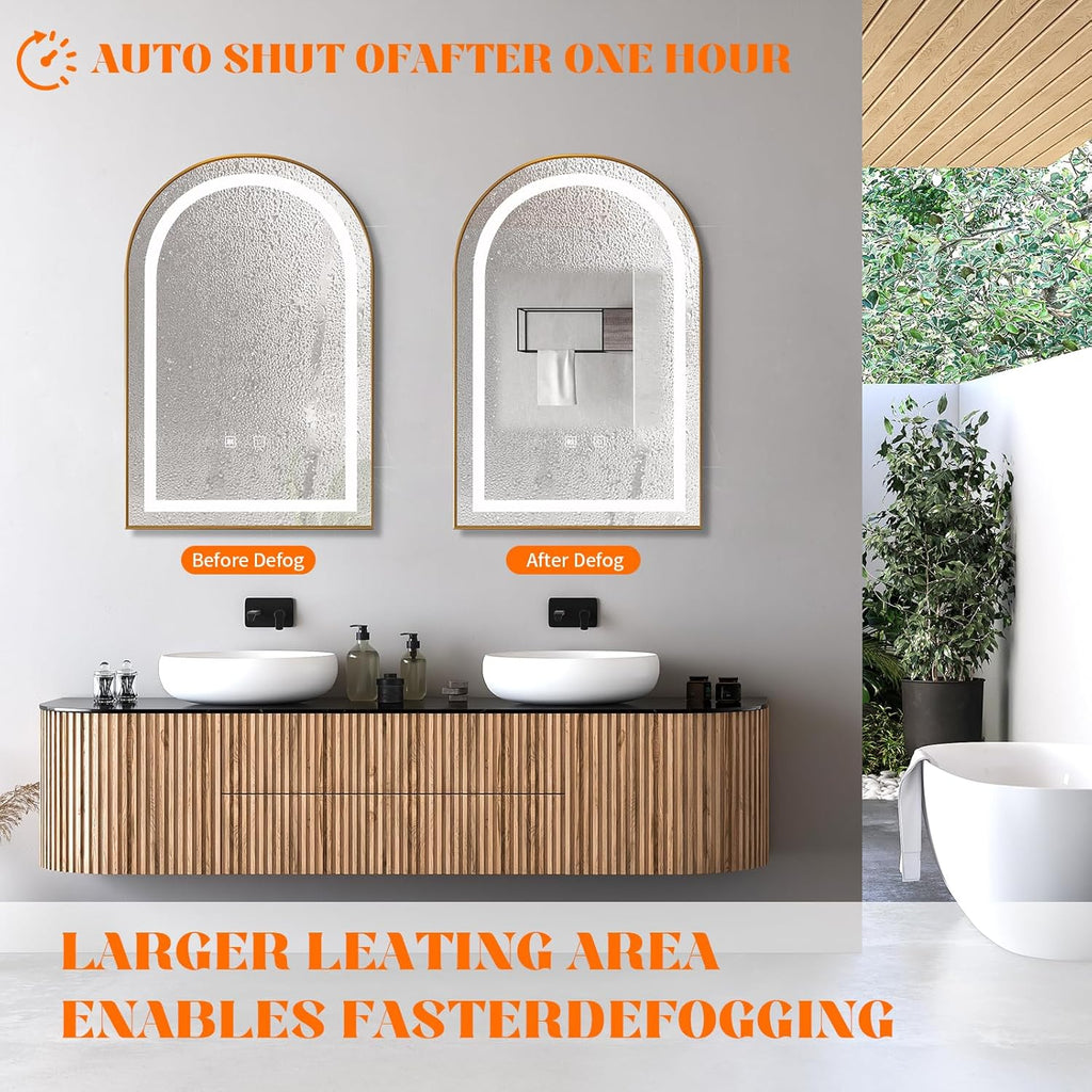 LED Bathroom Mirrors with Lights,24"x36"Black Arched Mirror for Bathroom,Fogless,3 Colors Dimmable,Anti-Fog,Wall Mounted Lighted Vanity Mirror,Gold
