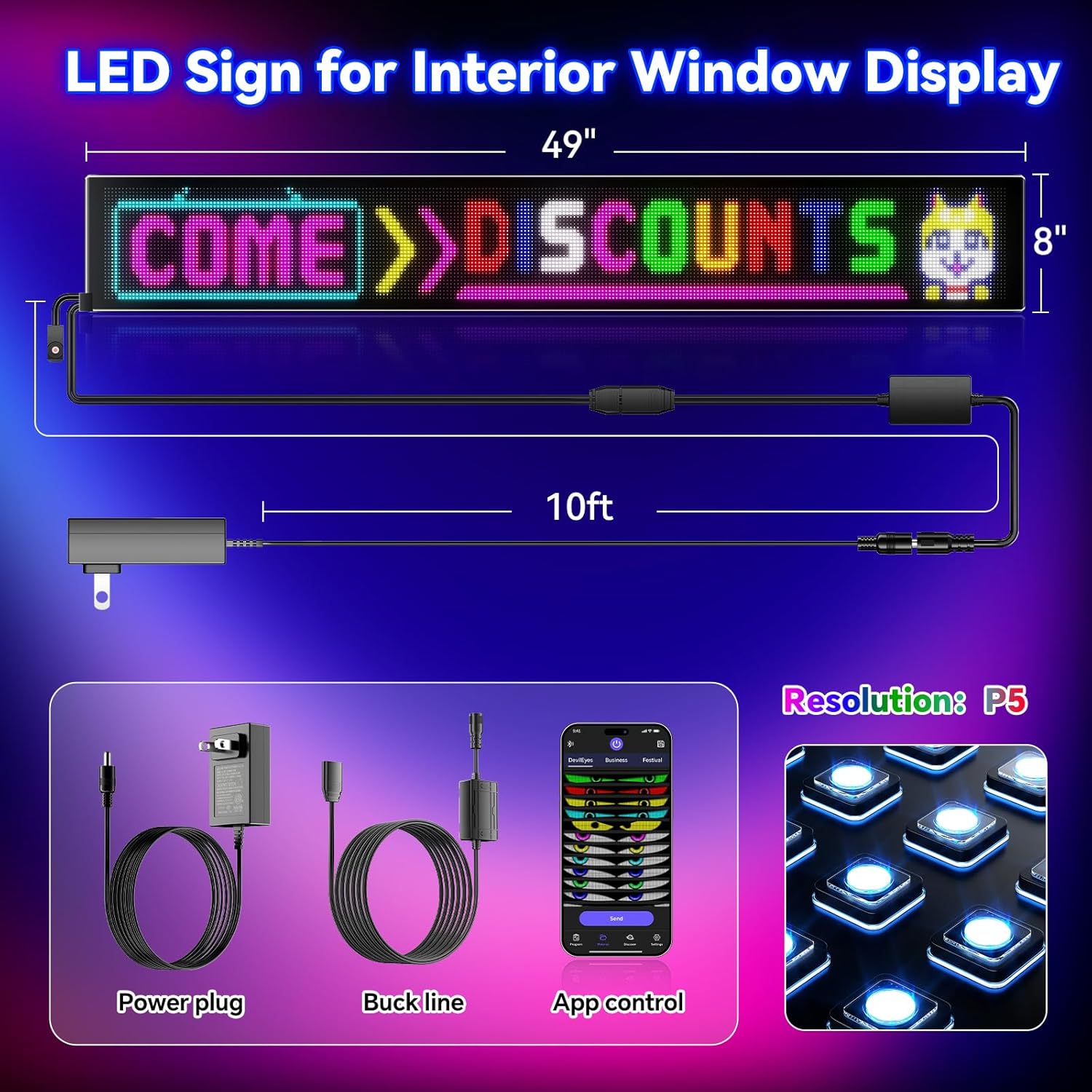 Large Programmable LED Sign, P5 Resolution Indoor Store LED Sign, Bluetooth APP, for Business Retail Shop Window Display (37"x 8")