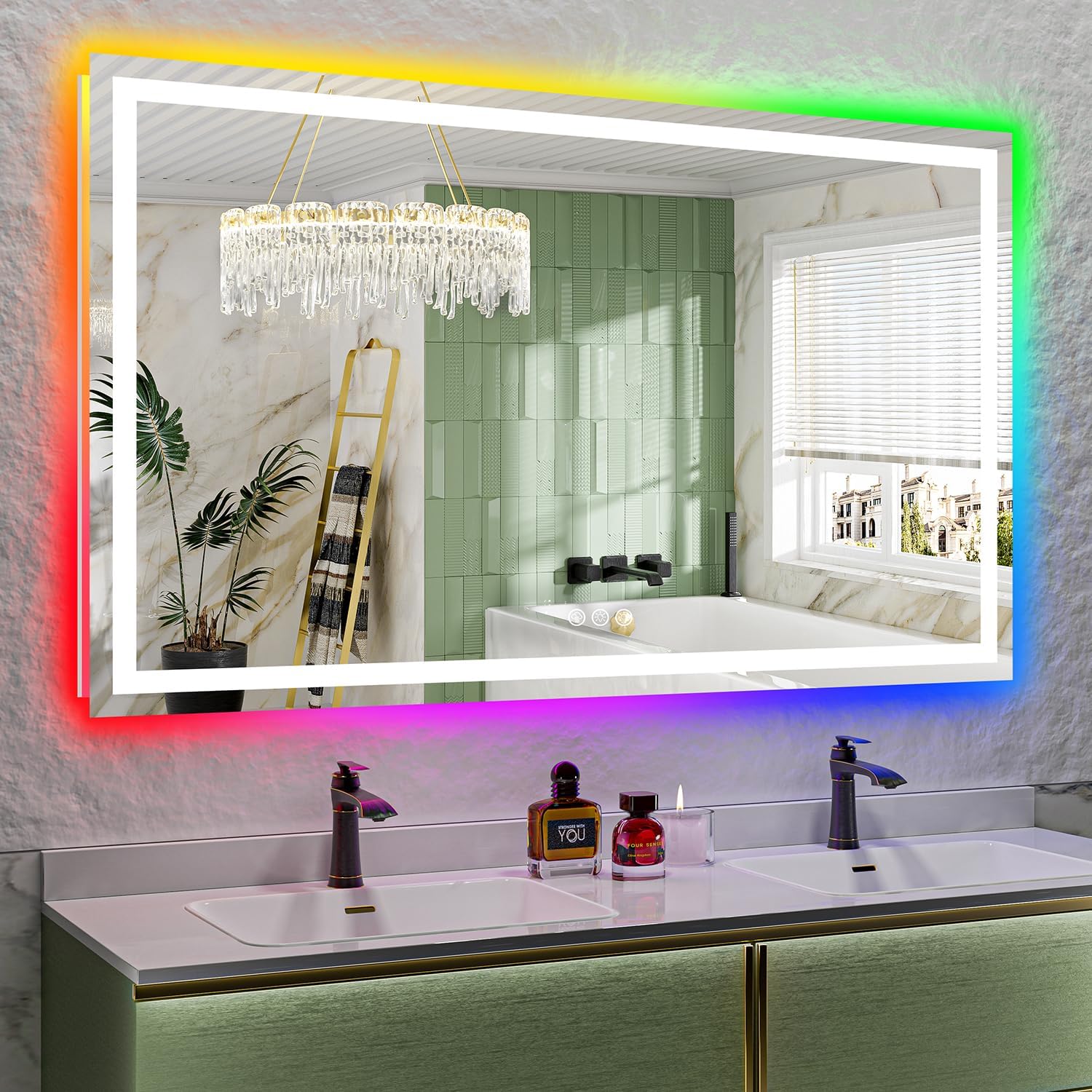 66x40 Inch RGB LED Bathroom Mirror Front Light and RGB Backlit Lighted Vanity Mirror for Bathroom Wall Mounted Dimmable Anti Fog Memory Shatter-Proof IP54 Waterproof Horizontal/Vertical