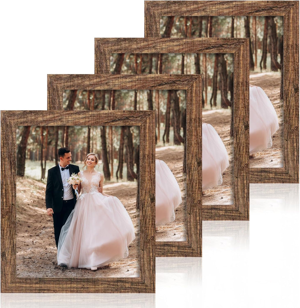 iRahmen 8x10 Picture Frame Set of 4, High Definition Glass Brown Frame, 8 x 10 Wood Rustic Picture Frames for Horizontal or Vertical Table Top and Wall Mounting
