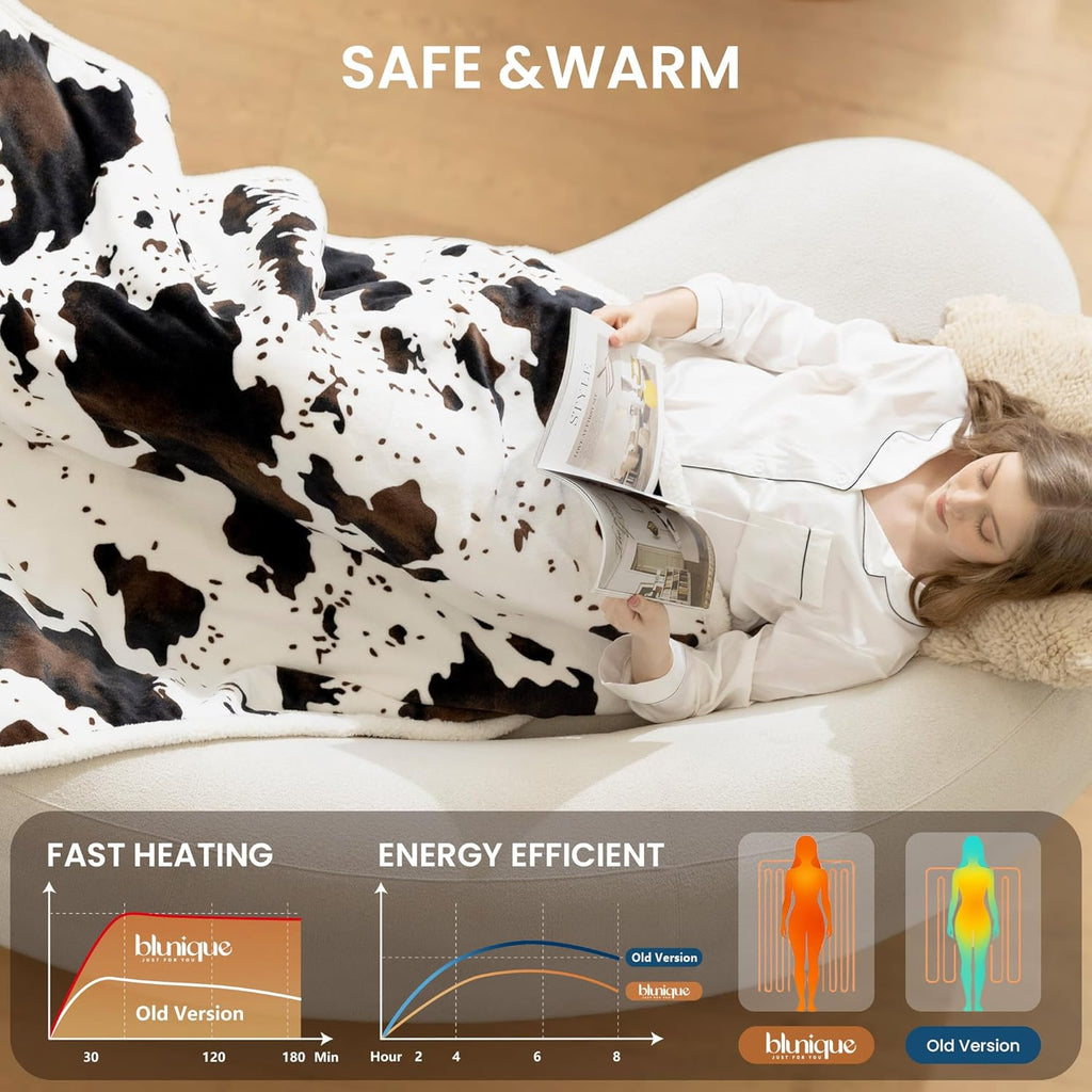 Heated Blanket Throw Electric Blanket with Foot Pocket, GentleSoft Flannel Blanket Throw with 10 Heating Settings,10 Hours Auto Off, Cow Print Cozy Soft, Washable, Warm Gifts (50x62 Inch)