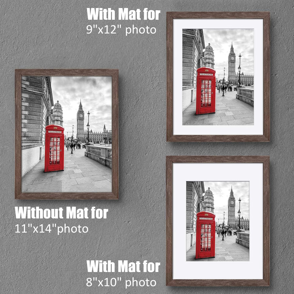 11x14 Rustic Picture Frames Solid Wood - Display Pictures 9x12 or 8x10 with Mat or 11x14 Frame without Mat - Farmhouse Wooden Photo Frame 11x14 inch with 2 Mats for Wall Mounting or Table Top, 2 Set