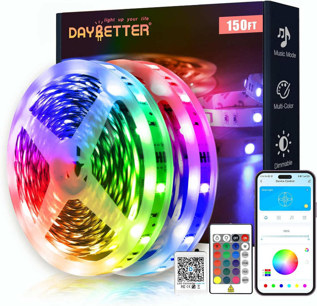 DAYBETTER 150ft Led Light Strips (2 Rolls of 75ft) with 24V Power Supply，Music Sync RGB Color Changing Lights for Bedroom, Desk, Home Kitchen Party Decoration with App & Remote Control