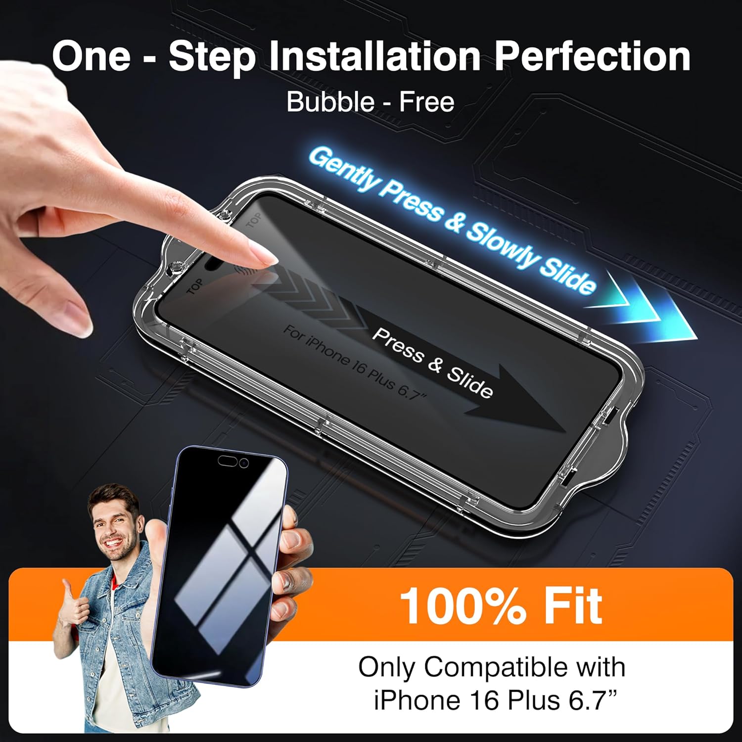 EZ-GLAZ- 4 Pack for iPhone 16 Plus Privacy Screen Protector [6.7"] With 2 Pack Camera Lens Protector, 9H+ Hardness 12FT Military Grade Shatterproof Durable Tempered Glass Film with Flawless Fit Kit
