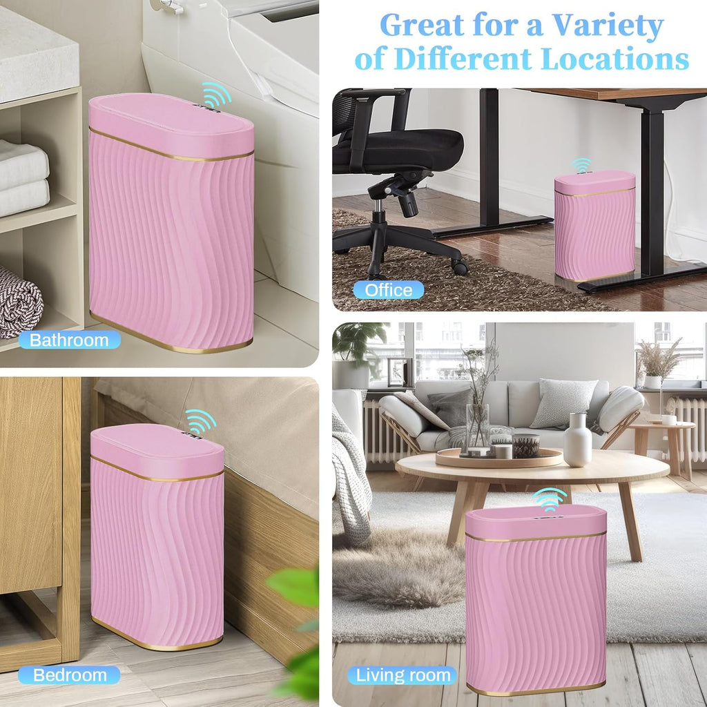 steo spce Bathroom Small Trash Can with Automatic Touchless Lid, 2.6 Gallon Smart Garbage Can Narrow Waterproof Trash Bin for Bedroom, Office, Living Room (Gold Pink)