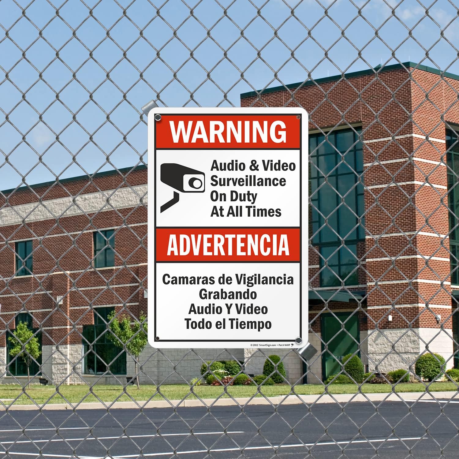 SmartSign 18 x 12 inch “Warning - Audio & Video Surveillance On Duty At All Times” Bilingual Sign, 63 mil Laminated Rustproof Aluminum, Red, Black and White, Made in USA
