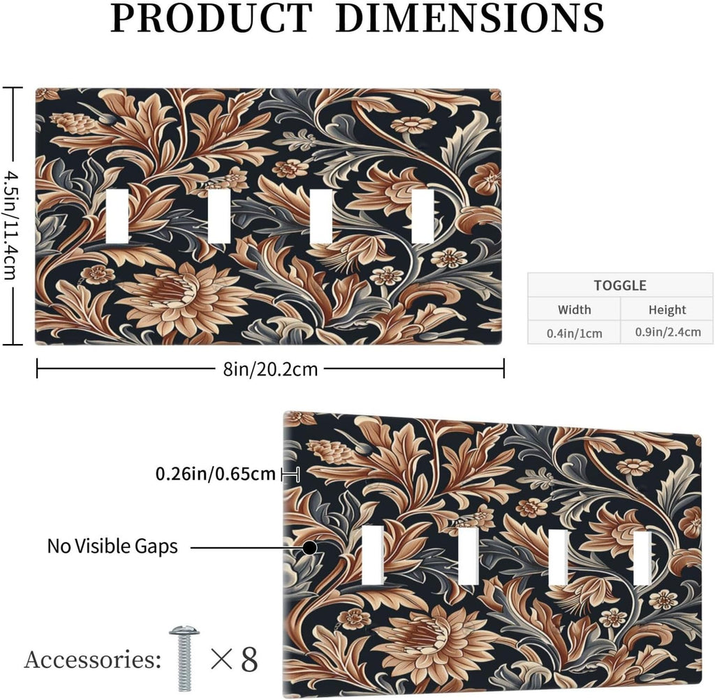 Light Switch Covers Vintage Grey Plant Leaves Brown Flowers Quad Toggle Electrical Faceplate 4 Gang Wall Plate Decorative Switch Plates for Bedroom Home Decor