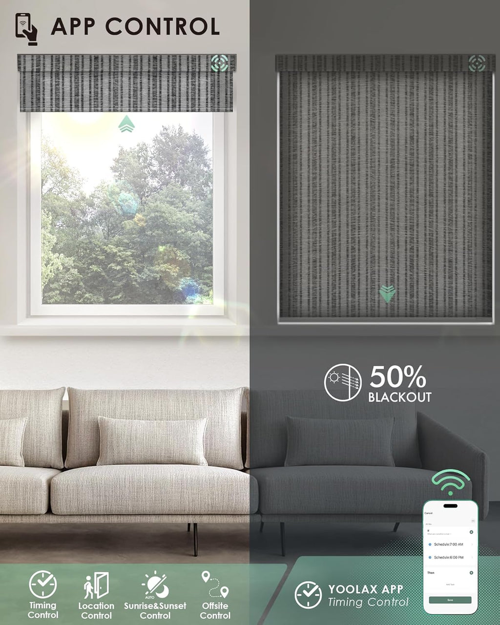 Yoolax Motorized Blinds with Remote, Light Filtering Smart Blinds Compatible with Alexa Google Home, Automatic Shades for Windows Living Room, Custom Size (50% Blackout V-Jungle Dark Grey)