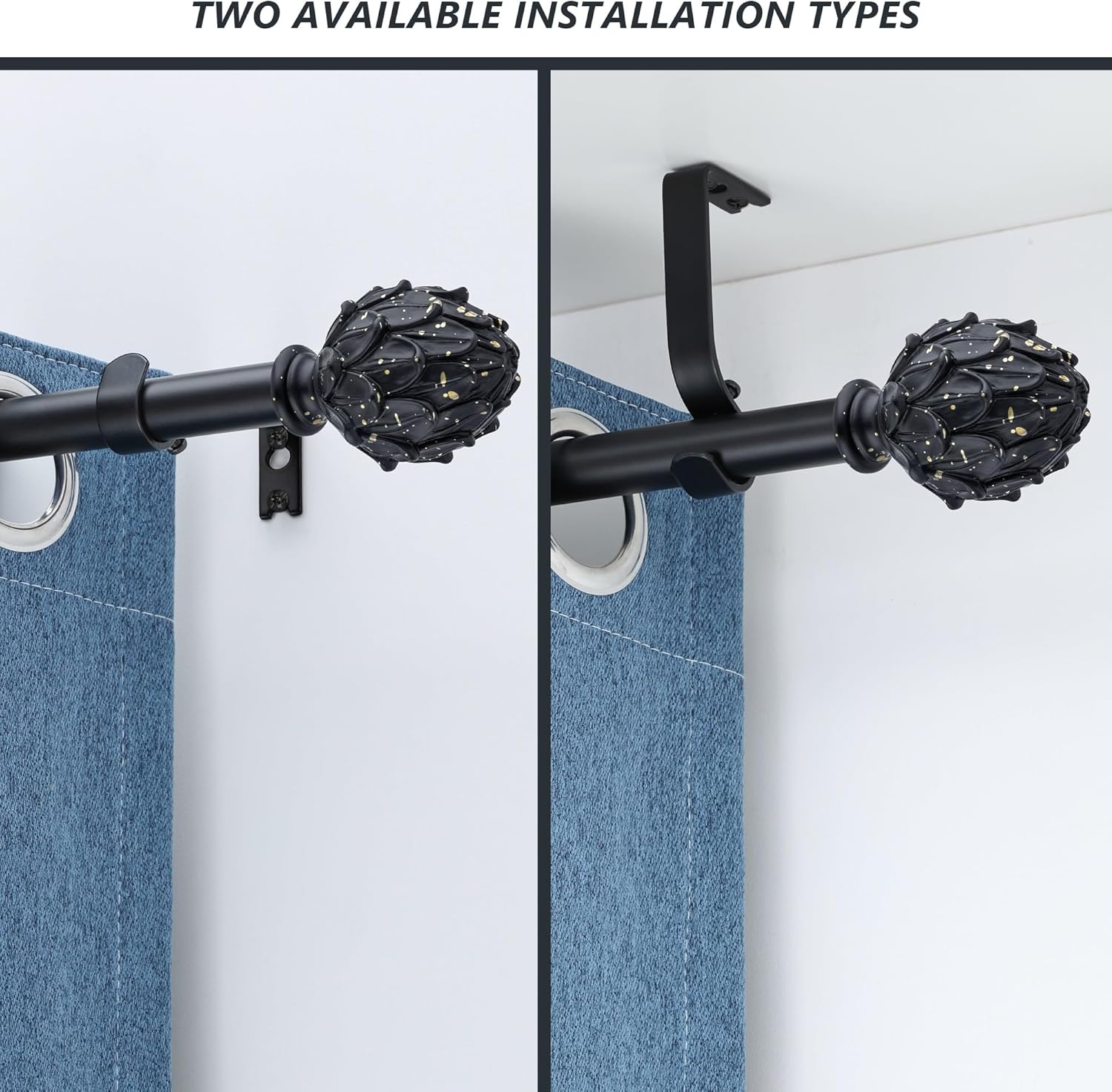 Curtain Rods for Windows 28 to 48 Inches 6/8 Inch Diameter Adjustable Drapery Rods Decorative Single Window Curtain Rods with Classic Finials,Black