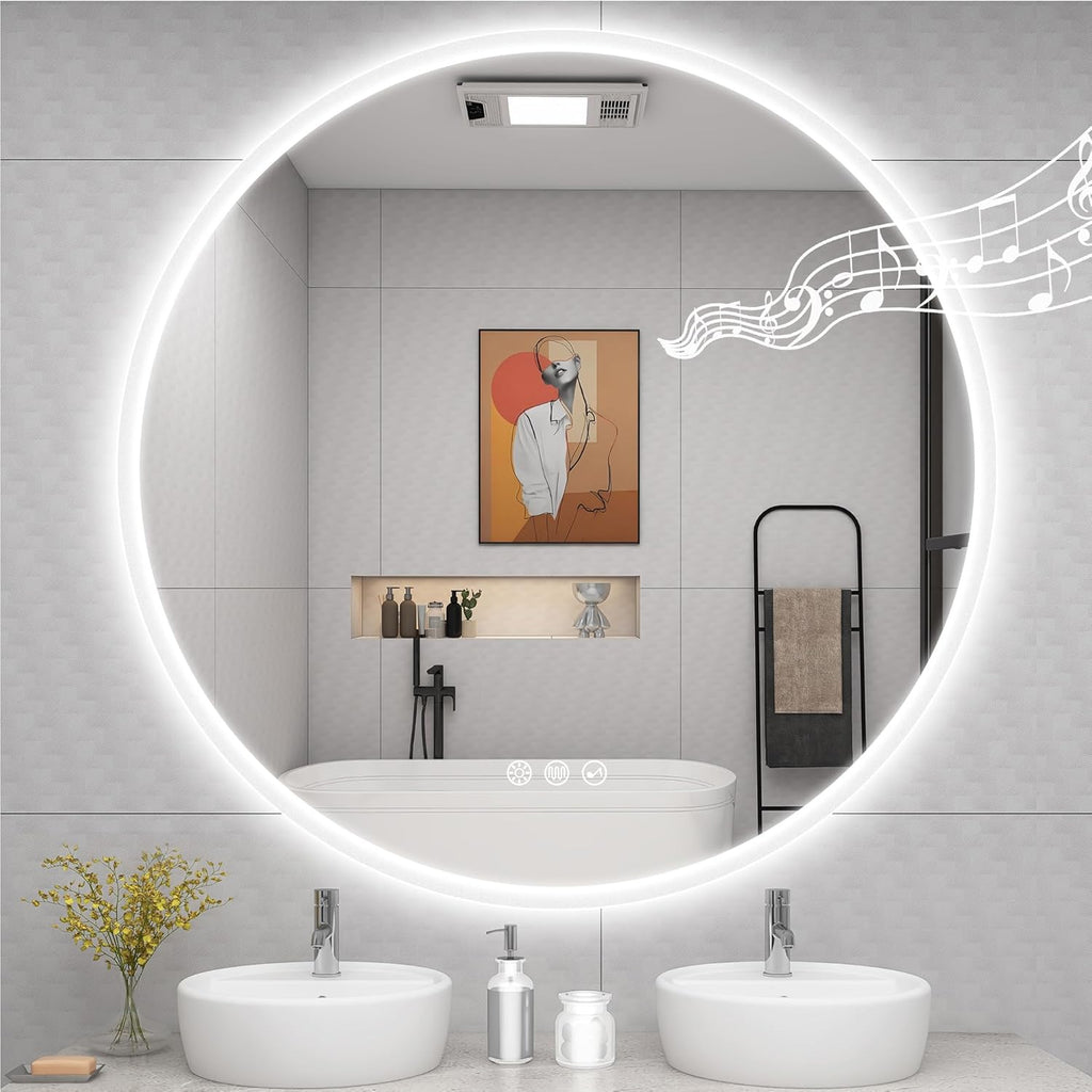 STARLEAD 40" LED-Bathroom-Mirror-with-Lights, Wall-Mounted with Bluetooth Speaker, Anti-Fog, 3 Color Temperature, Dimmable Brightness, Waterproof, Tempered Glass, Frontlit & Backlit, Round