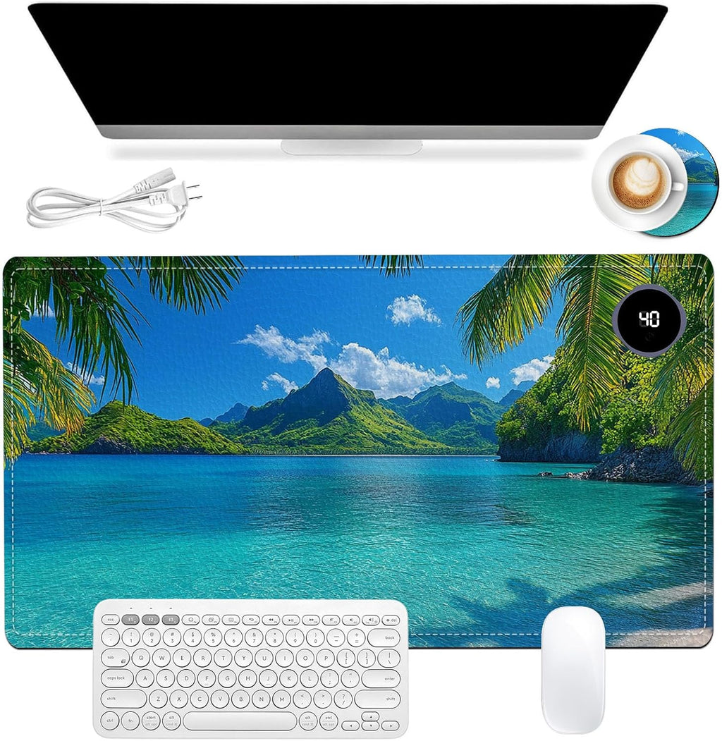 Heated Mouse Pad 23.6 x 14 in 3-Temp Fast Heating Desk Mat with Auto Timer Warmer for Hands Wrist Pain Relief Waterproof Keyboard Mat for Office, Gaming, Home, Tropical Paradise Beach