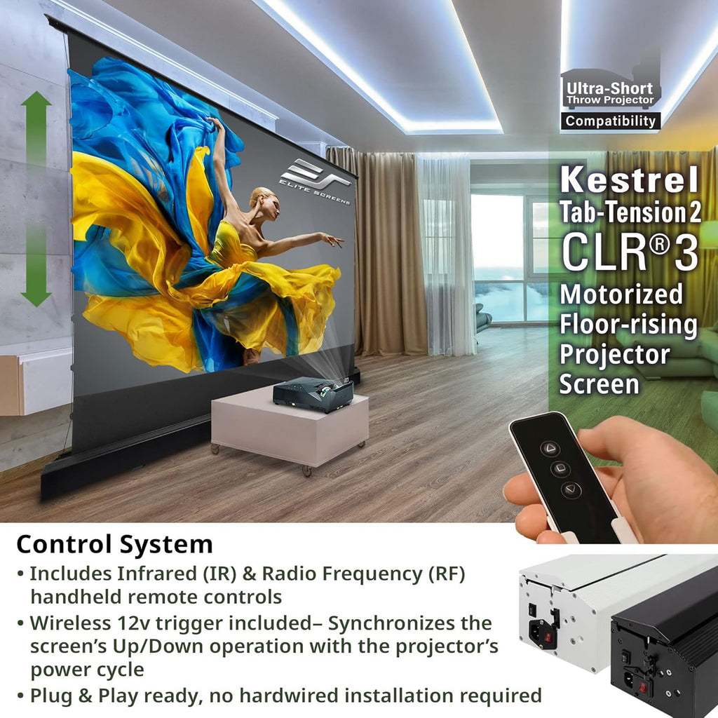 Elite Screens Kestrel Tab-Tension 2 CLR3, 121" 16:9, Ultra-Short Throw Ceiling Ambient Light Rejecting (CLR/ALR) Electric Floor-Rising Motorized Front Projector Screen, Black Casing, FTE121UH3-CLR3