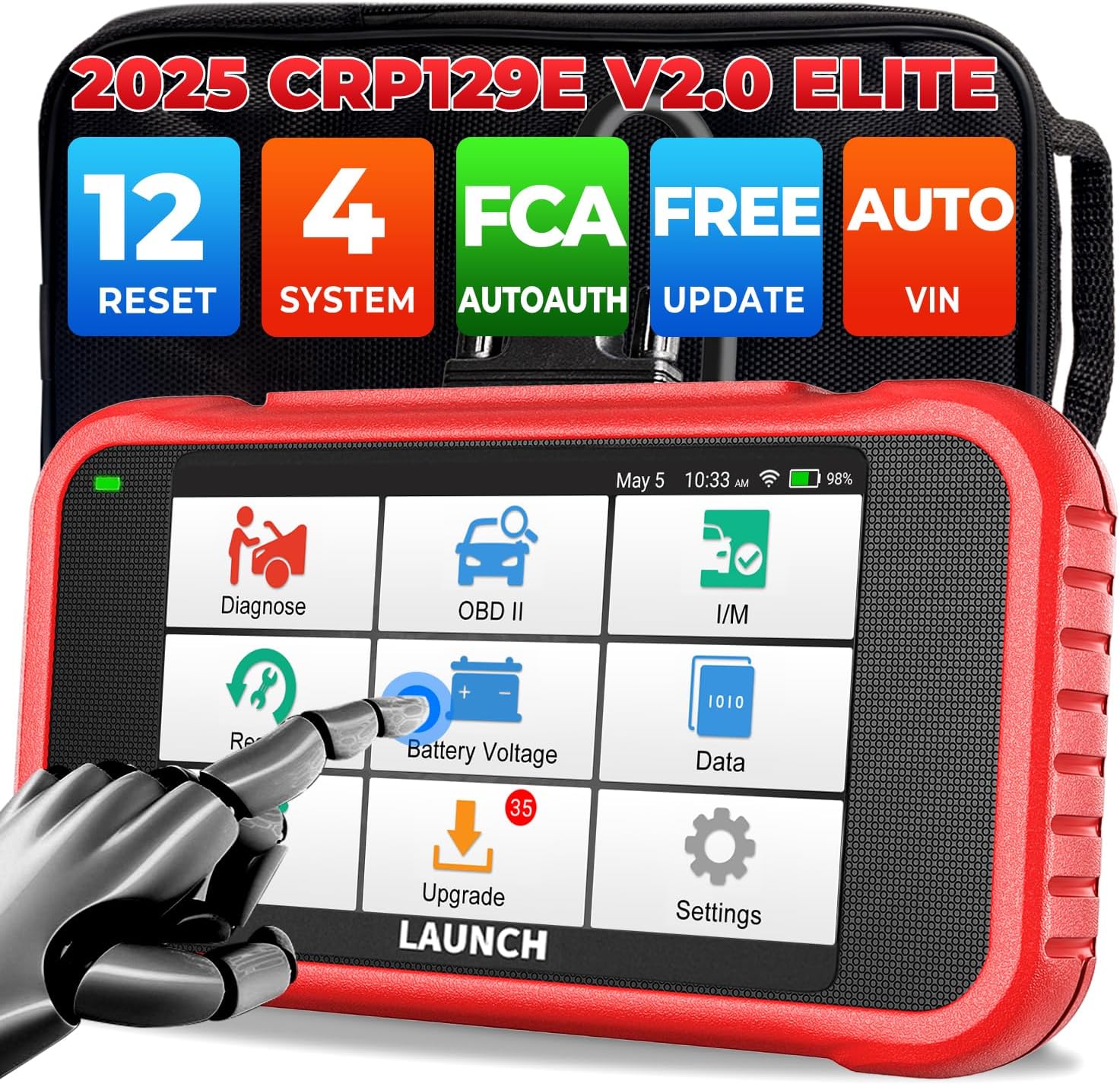 LAUNCH CRP129E V2.0 Elite 2026 OBD2 Scanner, FCA AutoAuth, 12 Reset, Oil/EPB/SAS/TPMS/BMS/Injector Coding, ABS Bleed, ABS SRS Transmission Engine Code Reader, Lifetime Free Update Scan Tool, Auto VIN