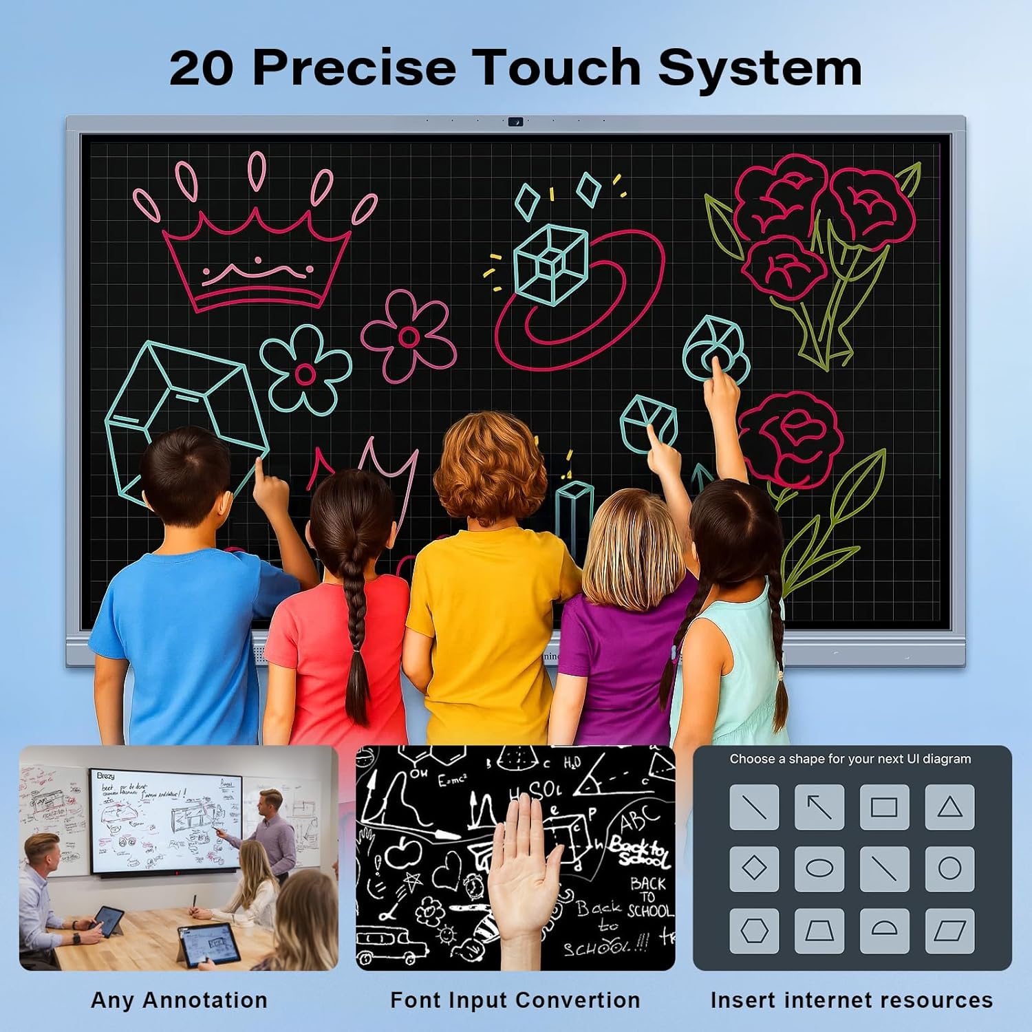 65" Smart Board, Interactive Whiteboard with 20 MP Camera, 4K UHD Touch Screen Digital Smartboard for Classrooms, Business, Office & Conference Rooms (Wall Mount Included)