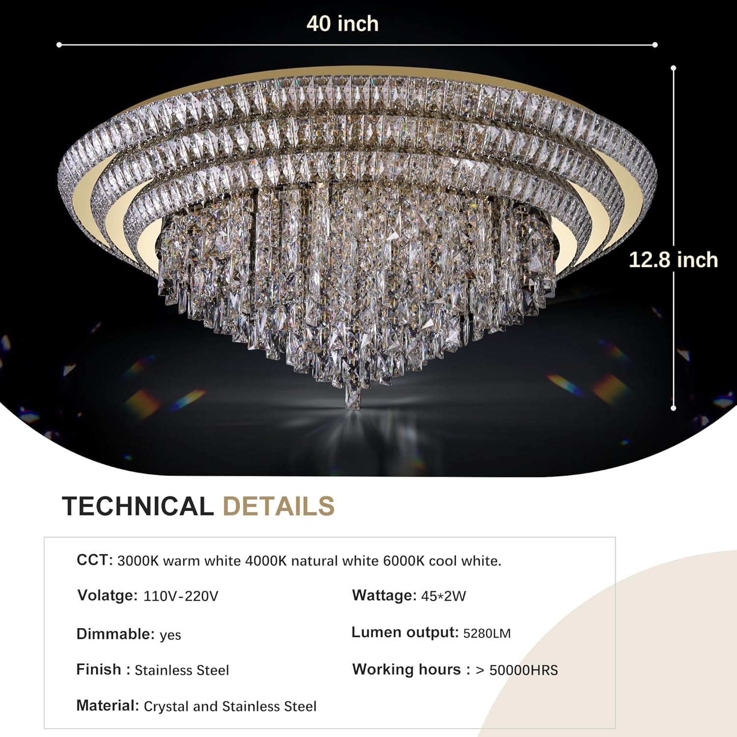 40 inch Flush Mount Crystal Chandeliers with Remote and APP Gold, Modern Elegant LED Crystal Raindrop Ceiling Light Fixture, 3CCT Dimmable, for Living Room Kitchen Island Bedroom Entryway Foyer