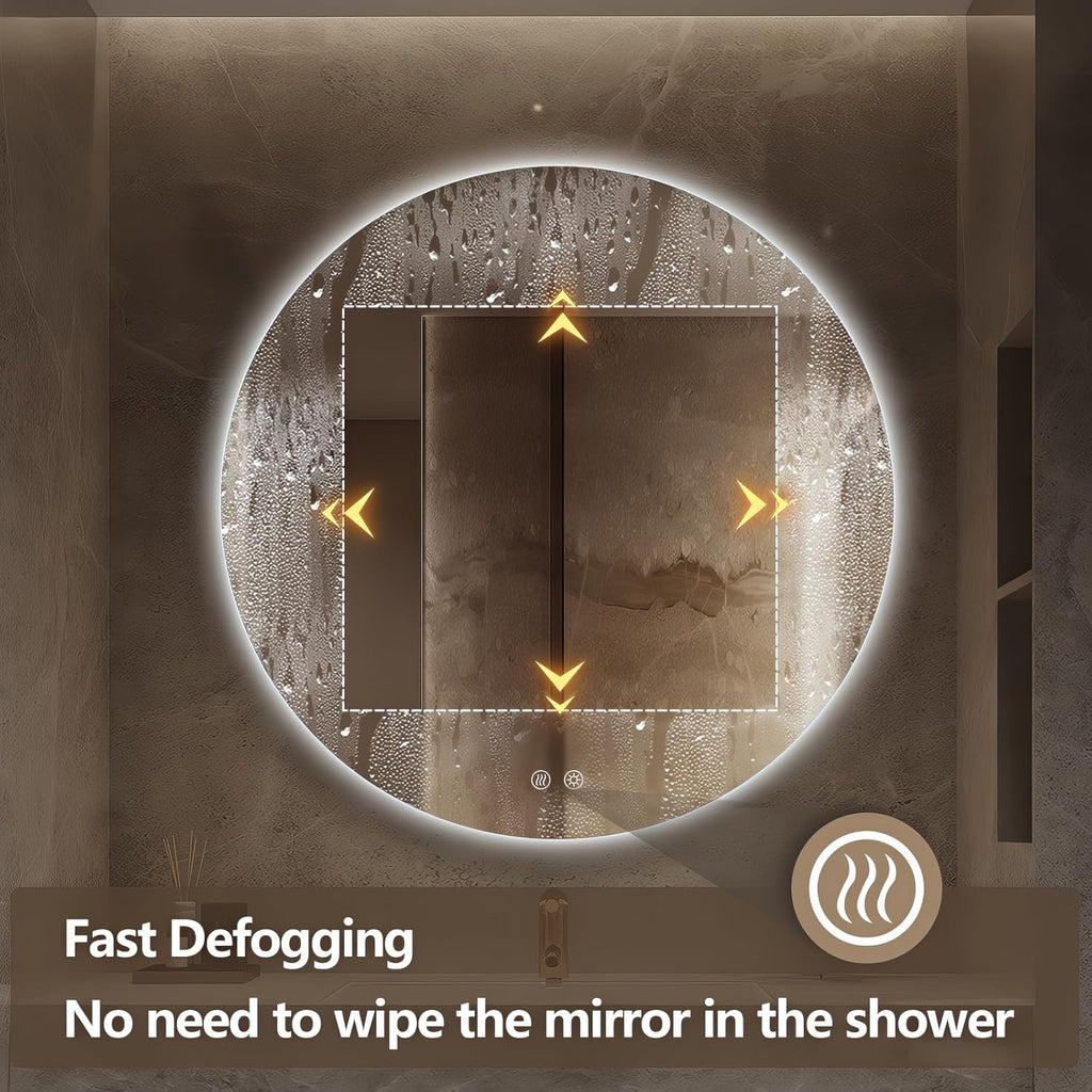 Niccy Round Led Mirror for Bathroom, 40" Circle Frameless Backlit Mirror wiht Light, Anti-Fog, 3 Colors, Waterproof, Memory Function