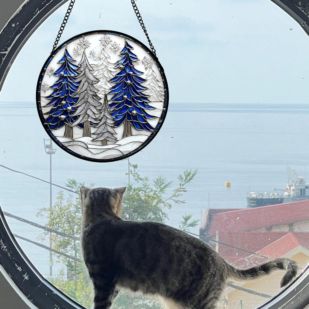 Stained Glass Window Hanging 4 Pcs Set White Winter Christmas Snow Scene 9.8" - Suncatcher Door Garden Sun Catcher Decor Birthday for Mom Woman Nana Men Friend Wife