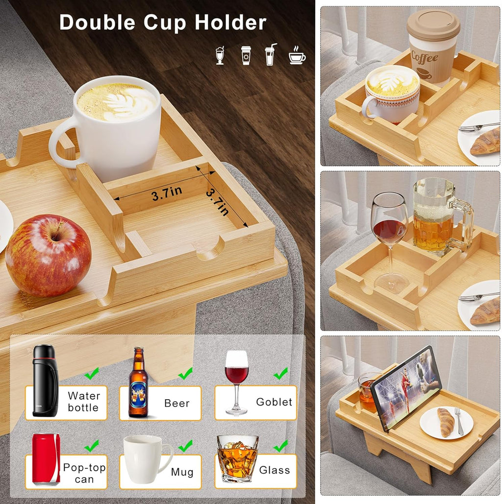Bamboo Couch Cup Holder Tray - 2 in 1 Couch Armrest Table with Be Slide-Away Detachable Double Holder - Sofa Armchair Caddy for Drinking Snacks iPad TV Remote
