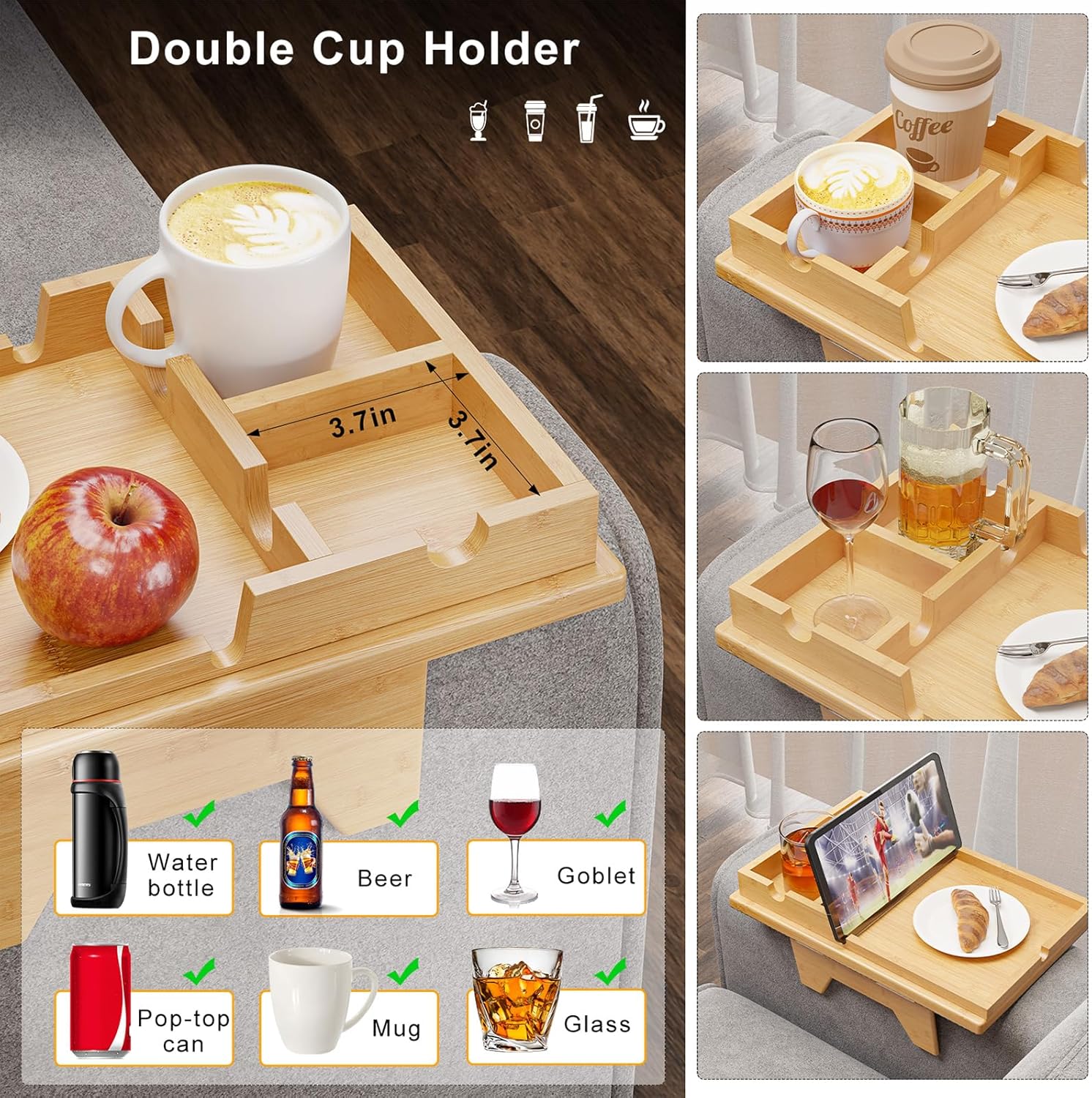 Bamboo Couch Cup Holder Tray - 2 in 1 Couch Armrest Table with Be Slide-Away Detachable Double Holder - Sofa Armchair Caddy for Drinking Snacks iPad TV Remote