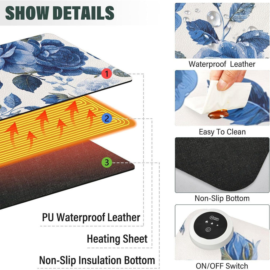 Heated Desk Pad Mouse Pad 31.5x13 Inch PU Leather Desk Mat with 3 Heat Levels Large Mouse Gaming Computer Laptop Mat Blue White Rose Flowers Butterfly