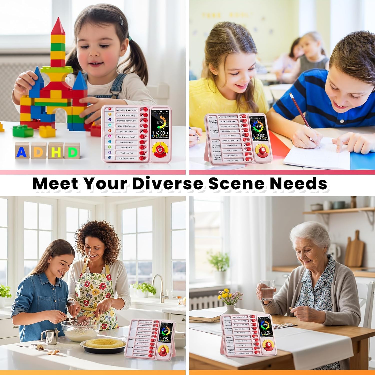 ADHD Tool for Kids, 5-in-1 Visual Timer with Chore Chart Board, Visual Schedule for Kids, 12/24 Task Timer with 99'59'' Countdown/Countup, 5 Alarms, Silent Operation Visual Schedule for Autism - Pink