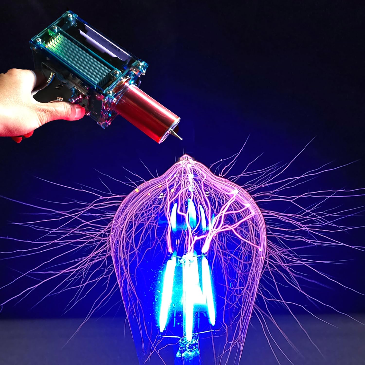 2025 Tesla Coil Handheld Gun,Plasma Coil Desktop Toy Science Education kit Mode Touchable Artificial Lightning Spark Gap Arc Generator Teaching Experiment Tool Teen boy Gifts(Portable Mode of Charger)