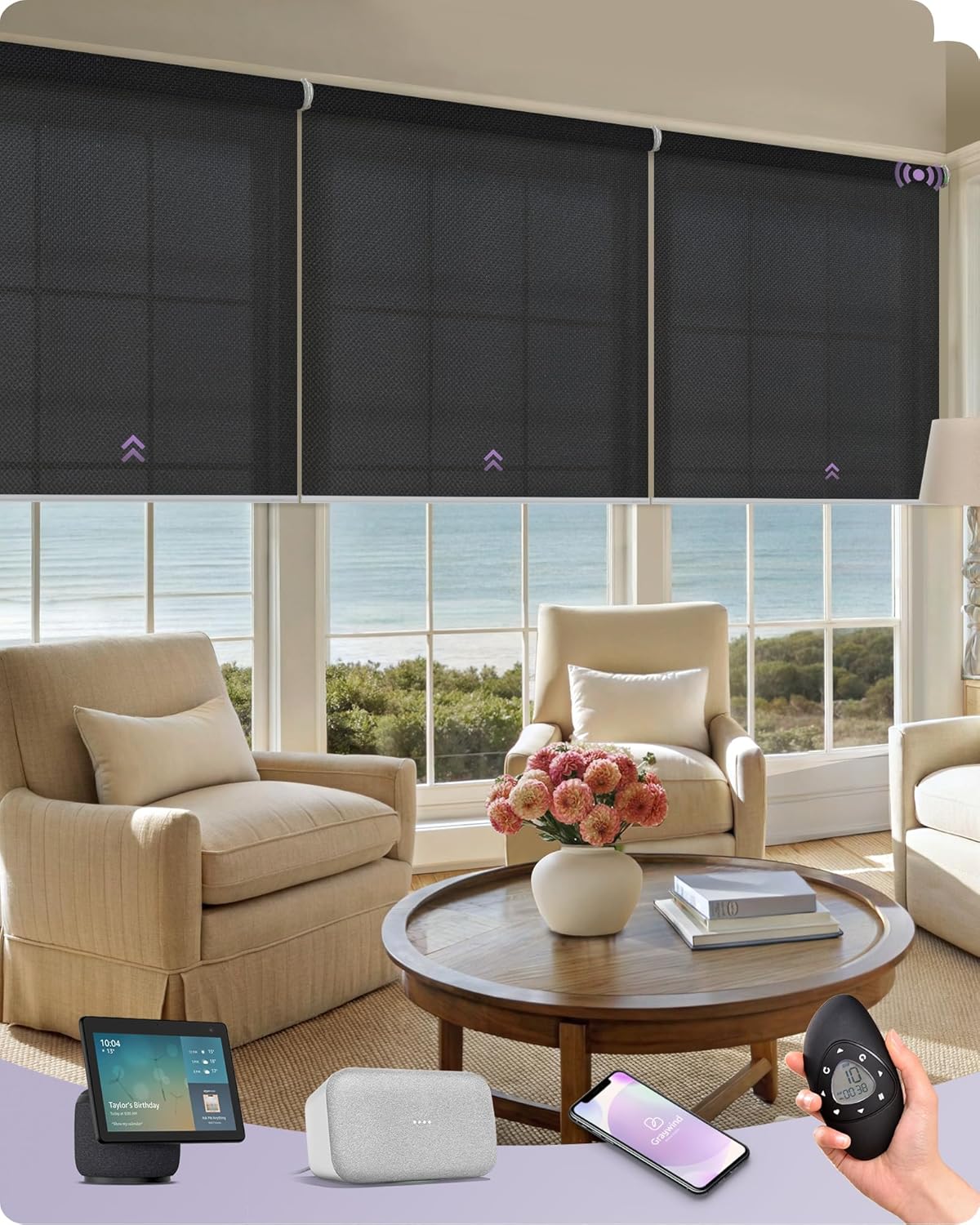 Graywind Smart Coupled Roller Shades Compatible with Alexa Google Custom Size Extra Large Motorized Blinds for Windows(5% Openess Black)